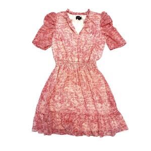 MSK Coral Pink Dot Print Chiffon Mini Dress Size M Puff Sleeve Smocked Waist